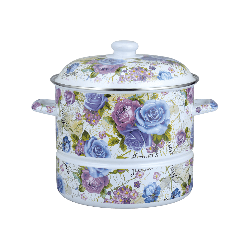 756d hindi kinakalawang na asero round rim steamer enamel pot na may steaming tray