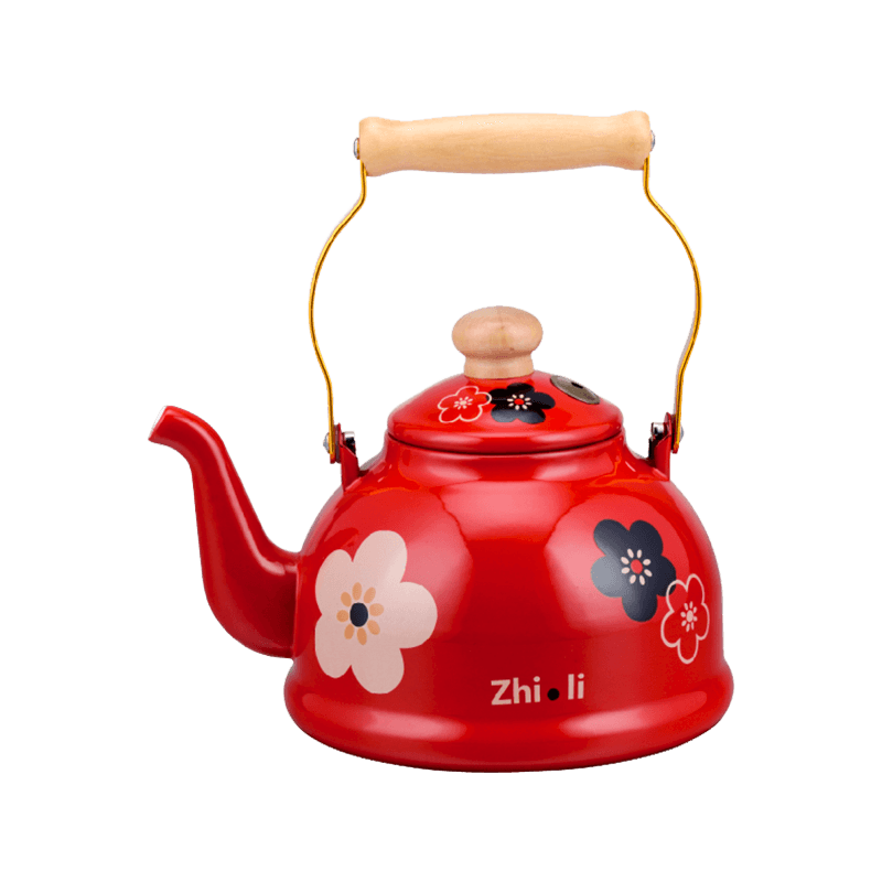 Red floral enamel whistling tea kettle